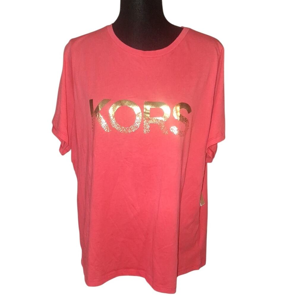 Michael Kors Light Red T-shirt Round Neck Short Sleeve Logo Womens Size 1XL - Picture 2 of 7
